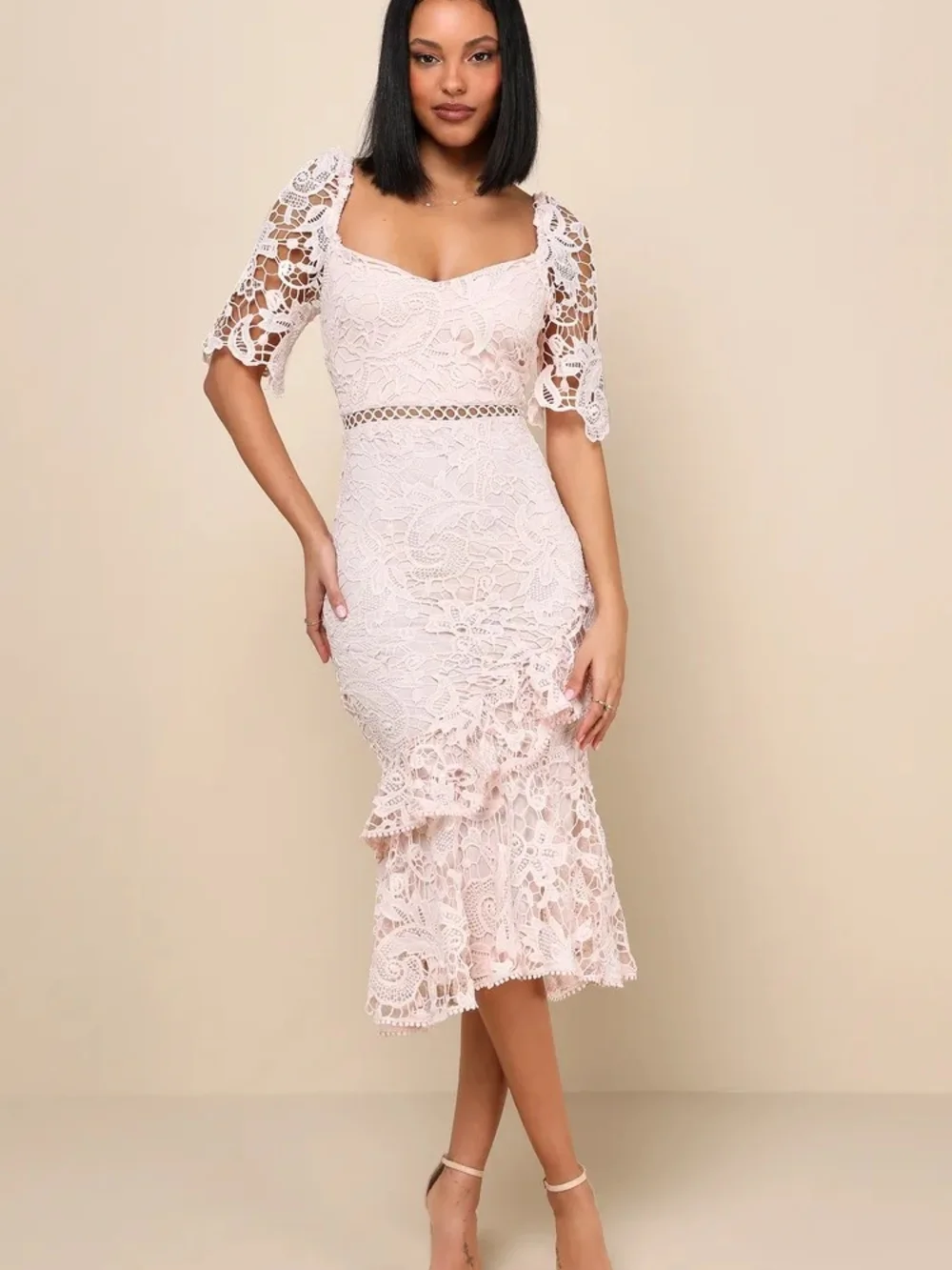 NWT Lulus Briarwood Blush Pink Lace Ruffled Midi Dress Cottagecore Wedding Guest - Picture 1 of 9